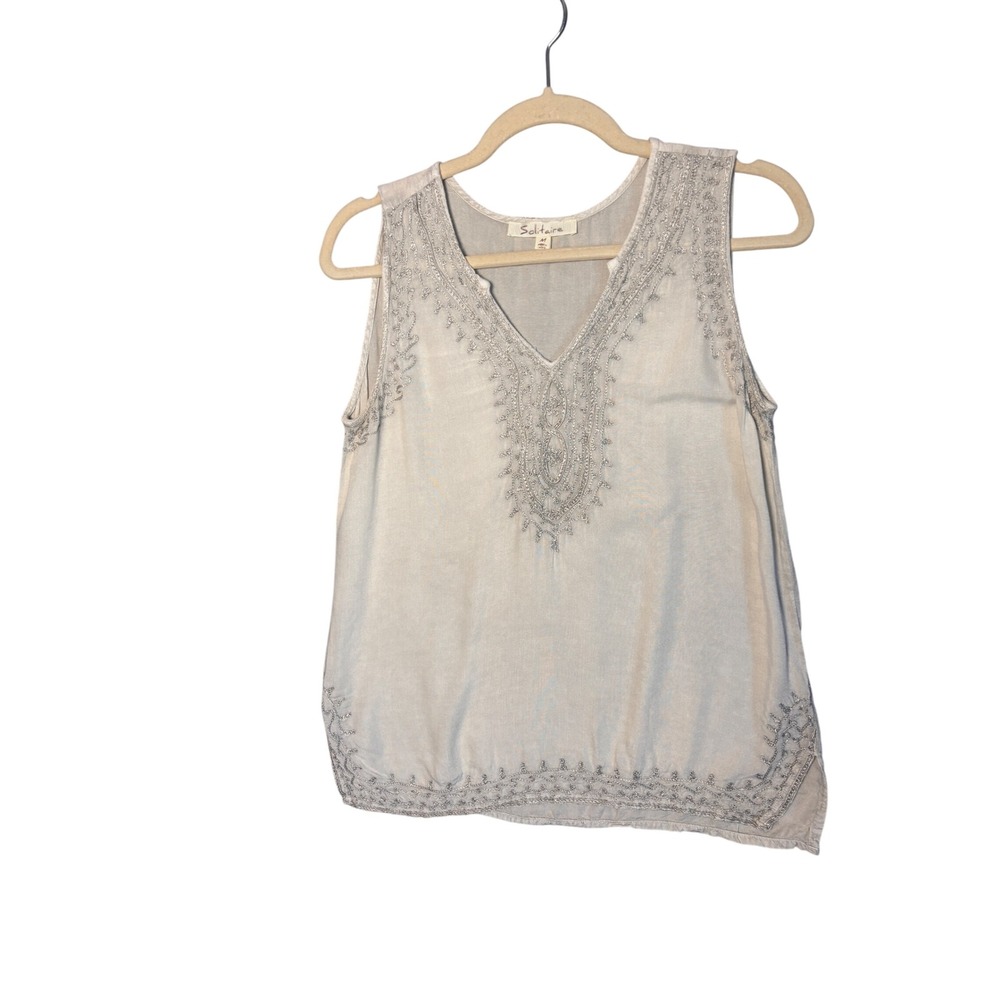 Solitaire Womens Tank Top M Grey Silver Embroidered V-Neck Boho Coastal Coquette